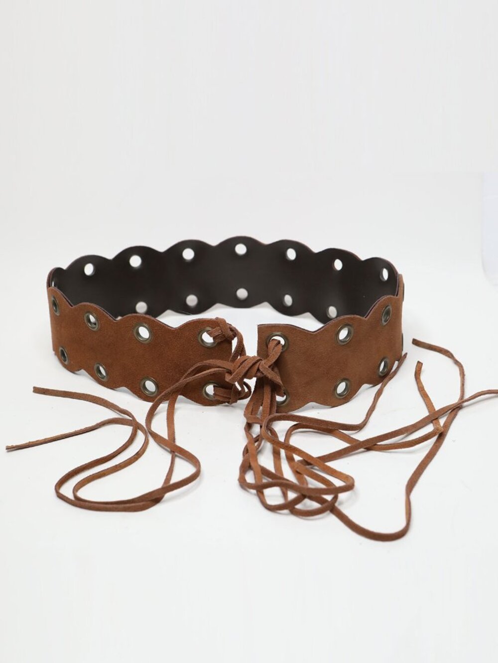 Brown Suede Boho Western Scalloped Eyelet Tie Waist Belt Festival